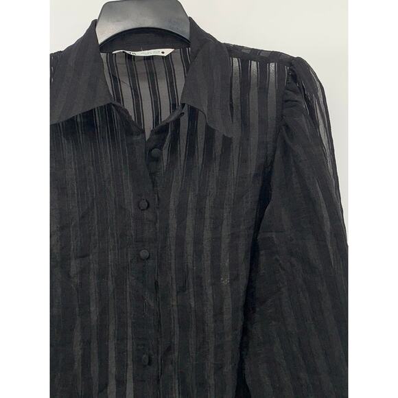 ZARA Women's Black Sheer Striped Regular-Fit Button-Up Long Puff Sleeve Top SZ L - Picture 3 of 10